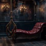 The foreground could show an assortment of high-quality BDSM equipment, such as ropes, cuffs, and whips, tastefully displayed. Perhaps a centerpiece of distinctive furniture, like a luxurious chaise lounge or a bespoke piece of play equipment, anchors the composition, hinting at sophistication and safety while invoking the thrill of BDSM play. Soft textures and a warm color palette could create an inviting atmosphere, while shadows and light play might add to the dramatic effect, capturing the essence of a thoughtfully curated dungeon space