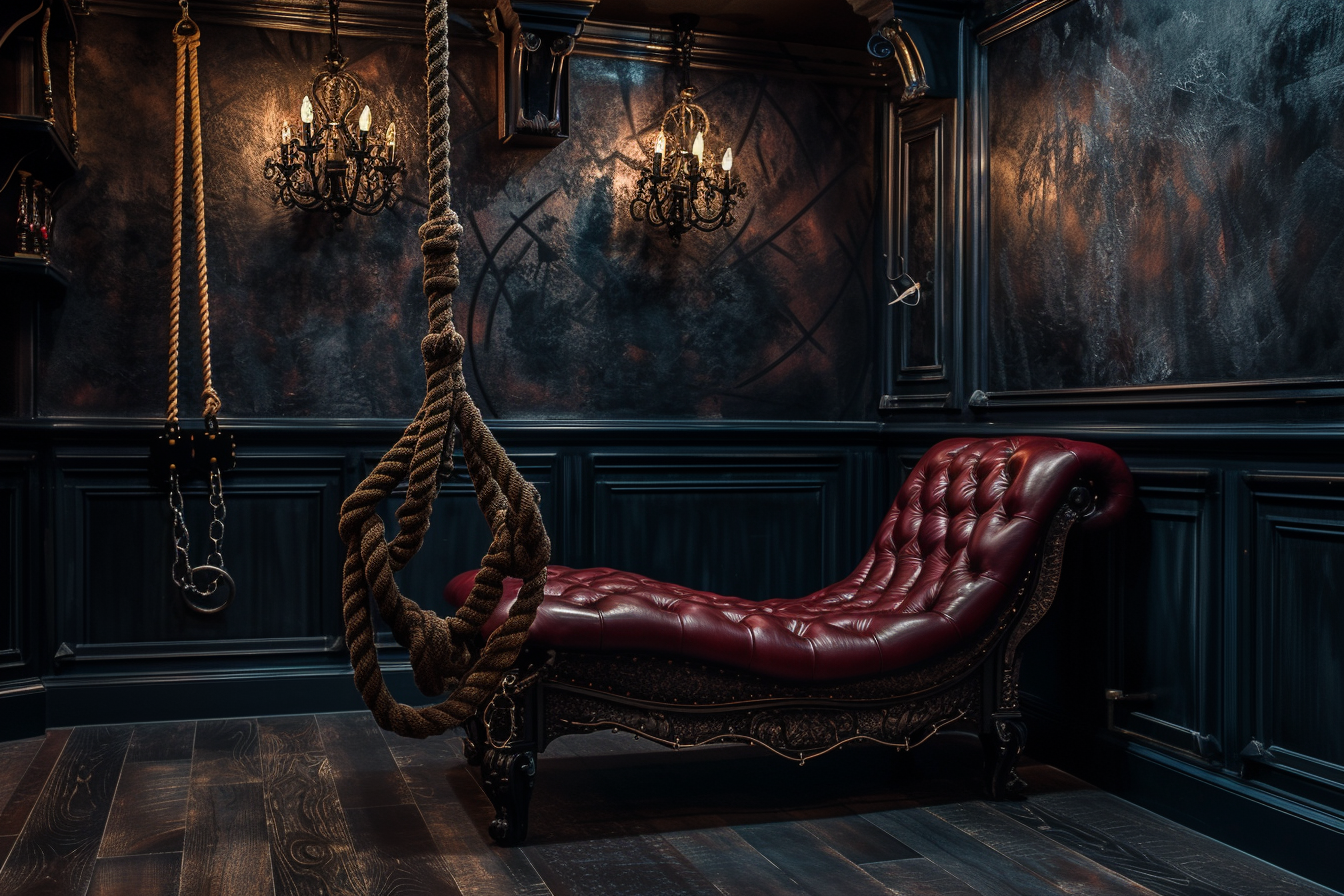 The foreground could show an assortment of high-quality BDSM equipment, such as ropes, cuffs, and whips, tastefully displayed. Perhaps a centerpiece of distinctive furniture, like a luxurious chaise lounge or a bespoke piece of play equipment, anchors the composition, hinting at sophistication and safety while invoking the thrill of BDSM play. Soft textures and a warm color palette could create an inviting atmosphere, while shadows and light play might add to the dramatic effect, capturing the essence of a thoughtfully curated dungeon space