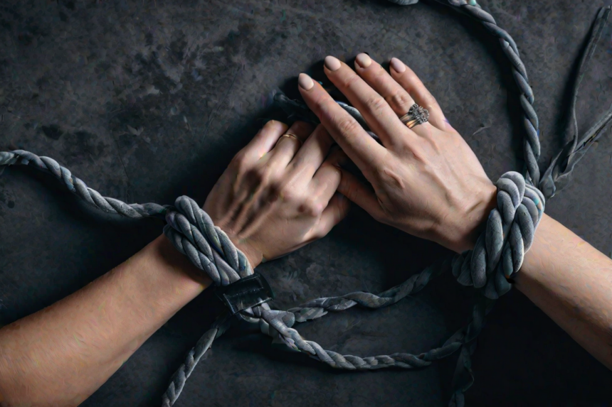 hands bound by a soft velvet rope, symbolizing trust and consensual restraint in BDSM. The background is a muted shade, enhancing the sense of safety and respect intrinsic to BDSM etiquette.